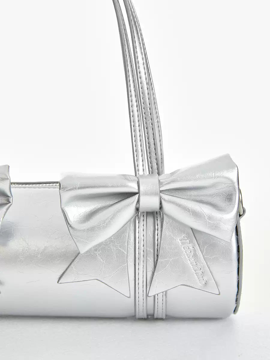 Double ribbon underarm shoulder bag in silver