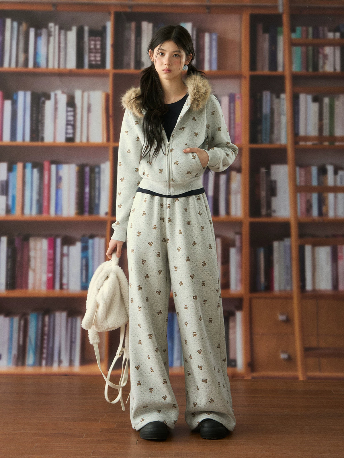 Polka Dot Bear Fur Collar Hoodie