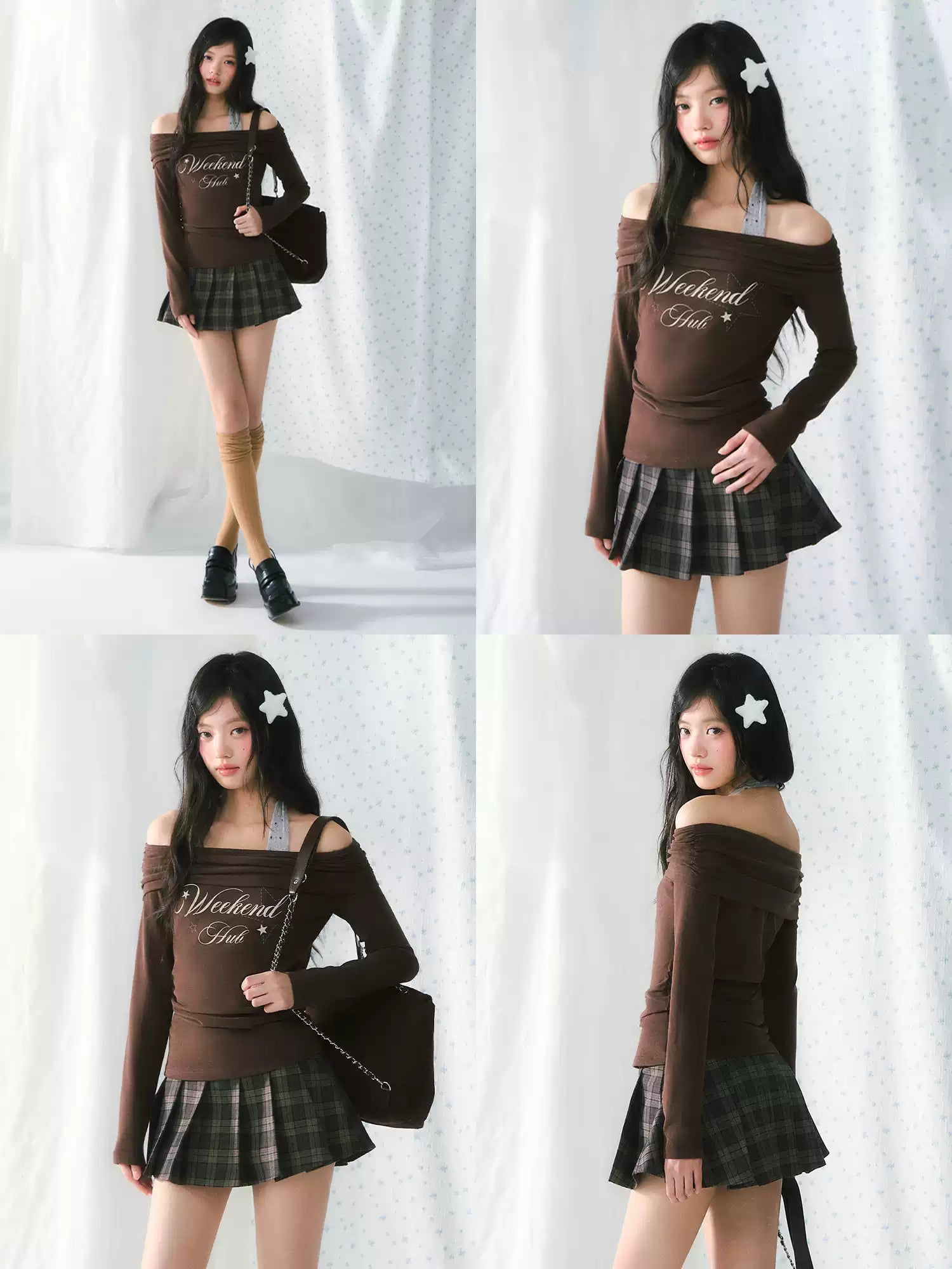 Weekendhub logo long sleeve off-shoulder & halter top set in brown