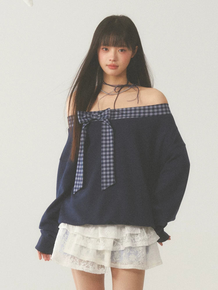 Off-Shoulder Plaid Bow Sweatshirt