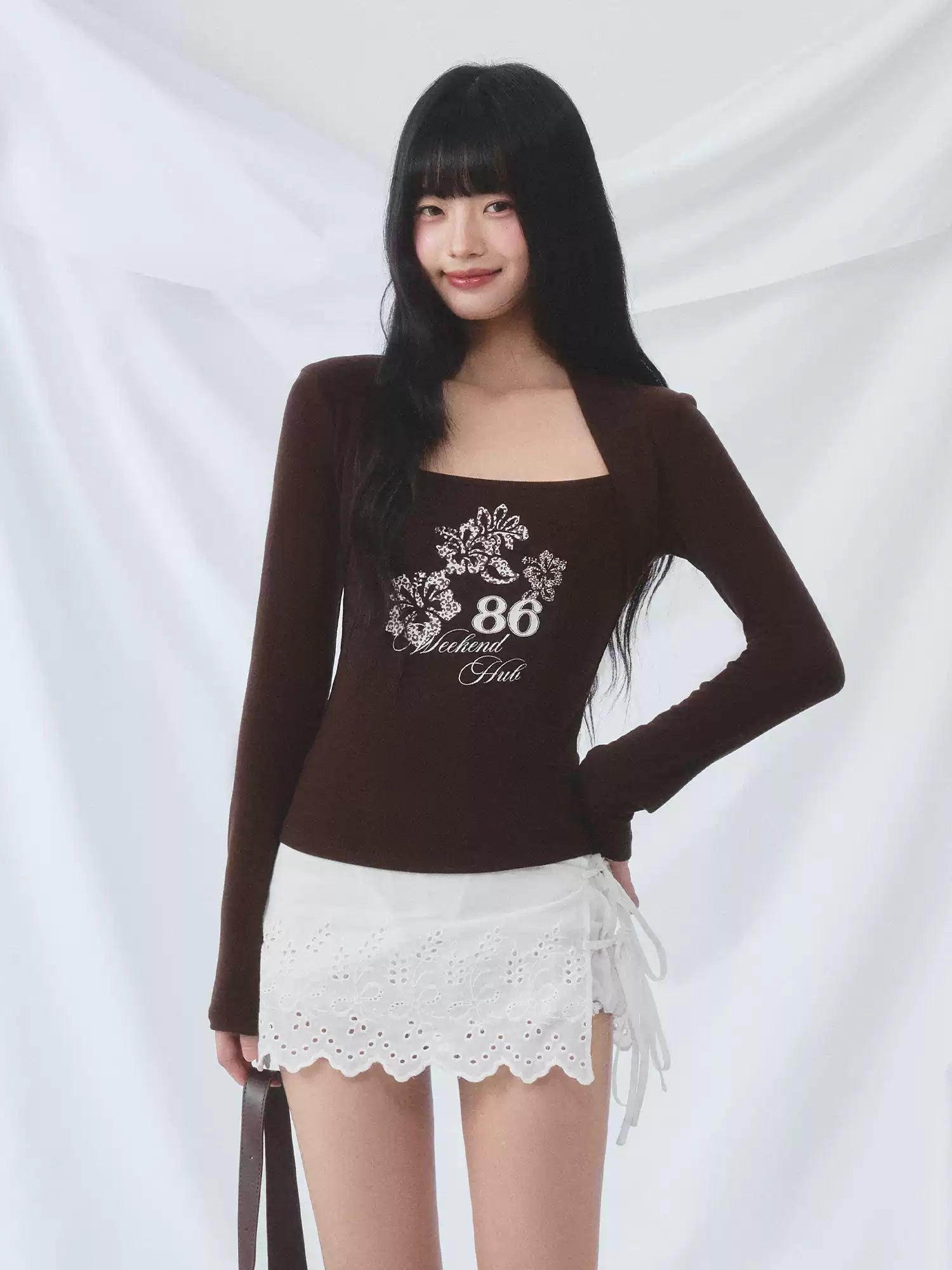 Square neck layered print top in brown