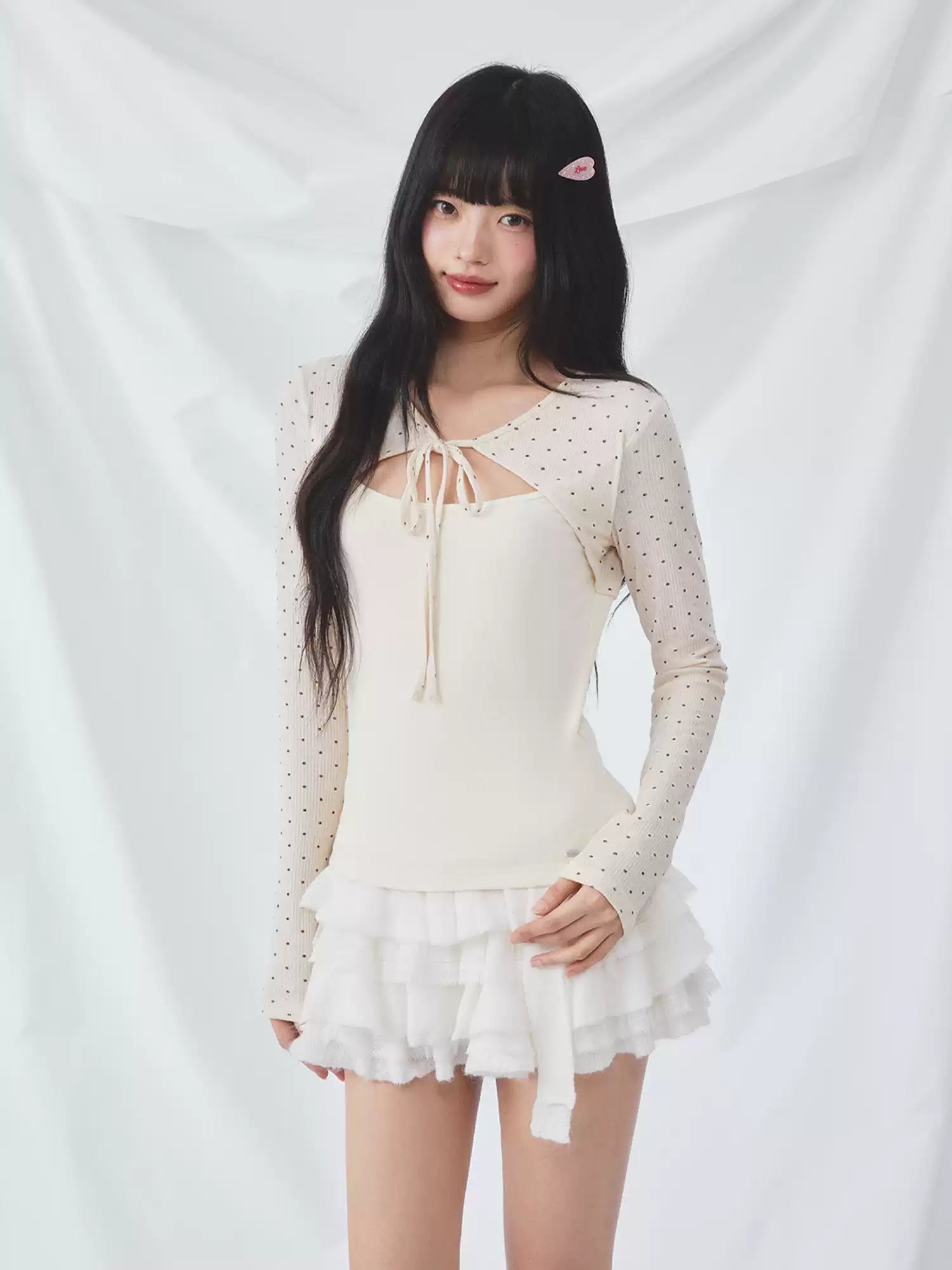 Polka dot tie-front layered top