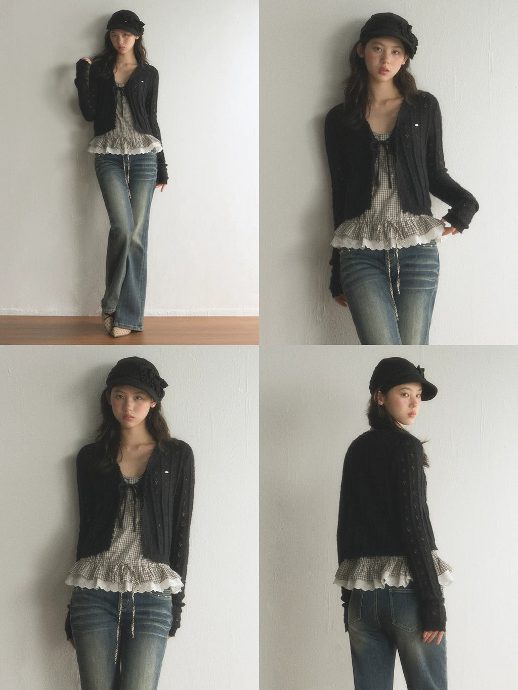 Hollow-Out Ruffled Tie Front Short Knit Cardigan