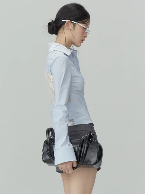 Lace Cutout Blue Shirt