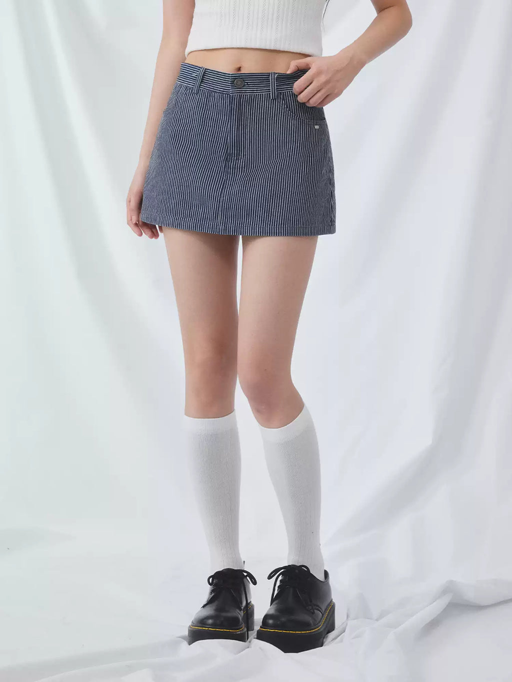 Vertical striped denim mini skirt