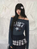 Retro number print faux two-piece off-shoulder long sleeve top in navy blue
