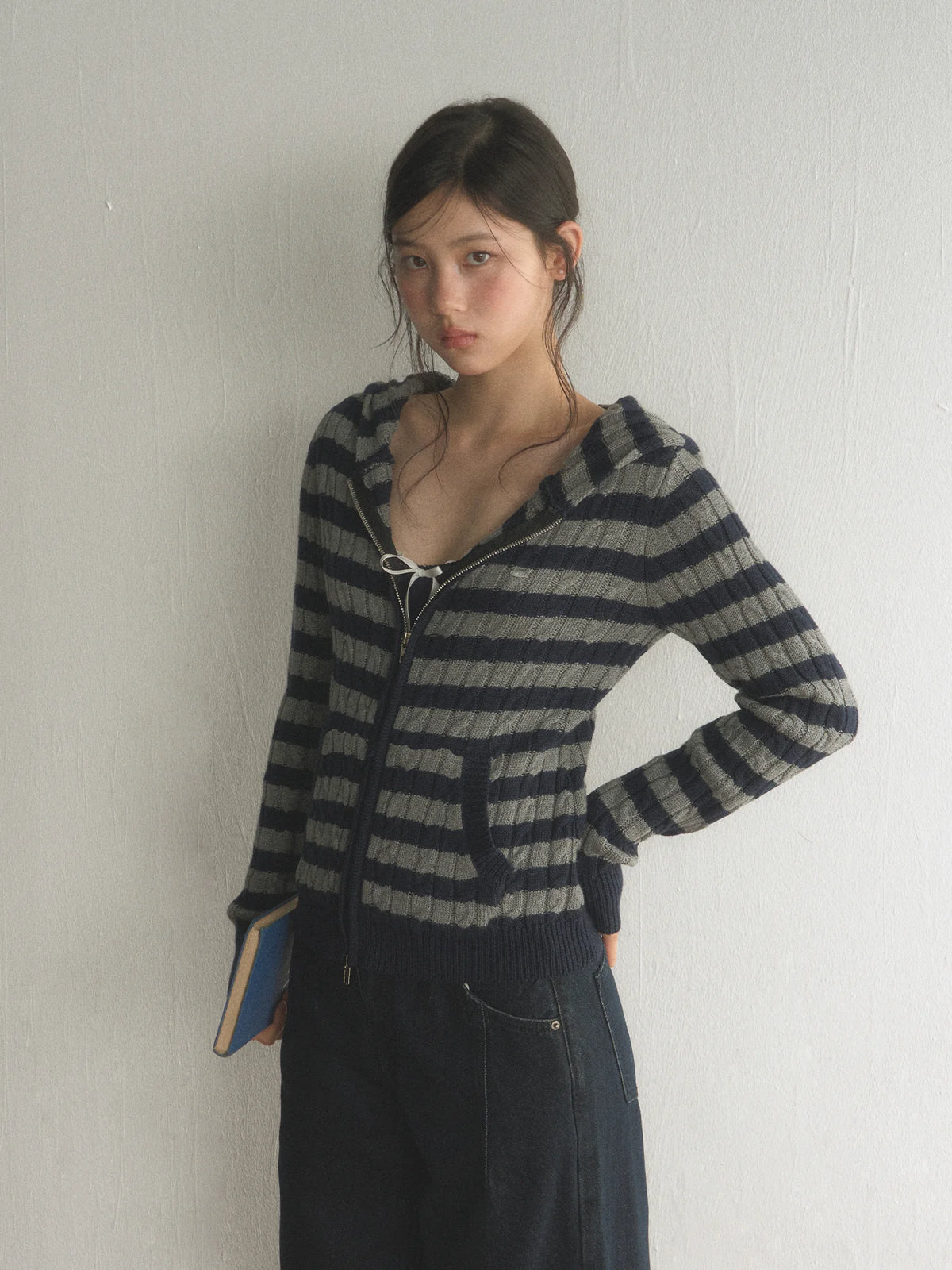 Striped Hooded Zip-Up Knit Cardigan