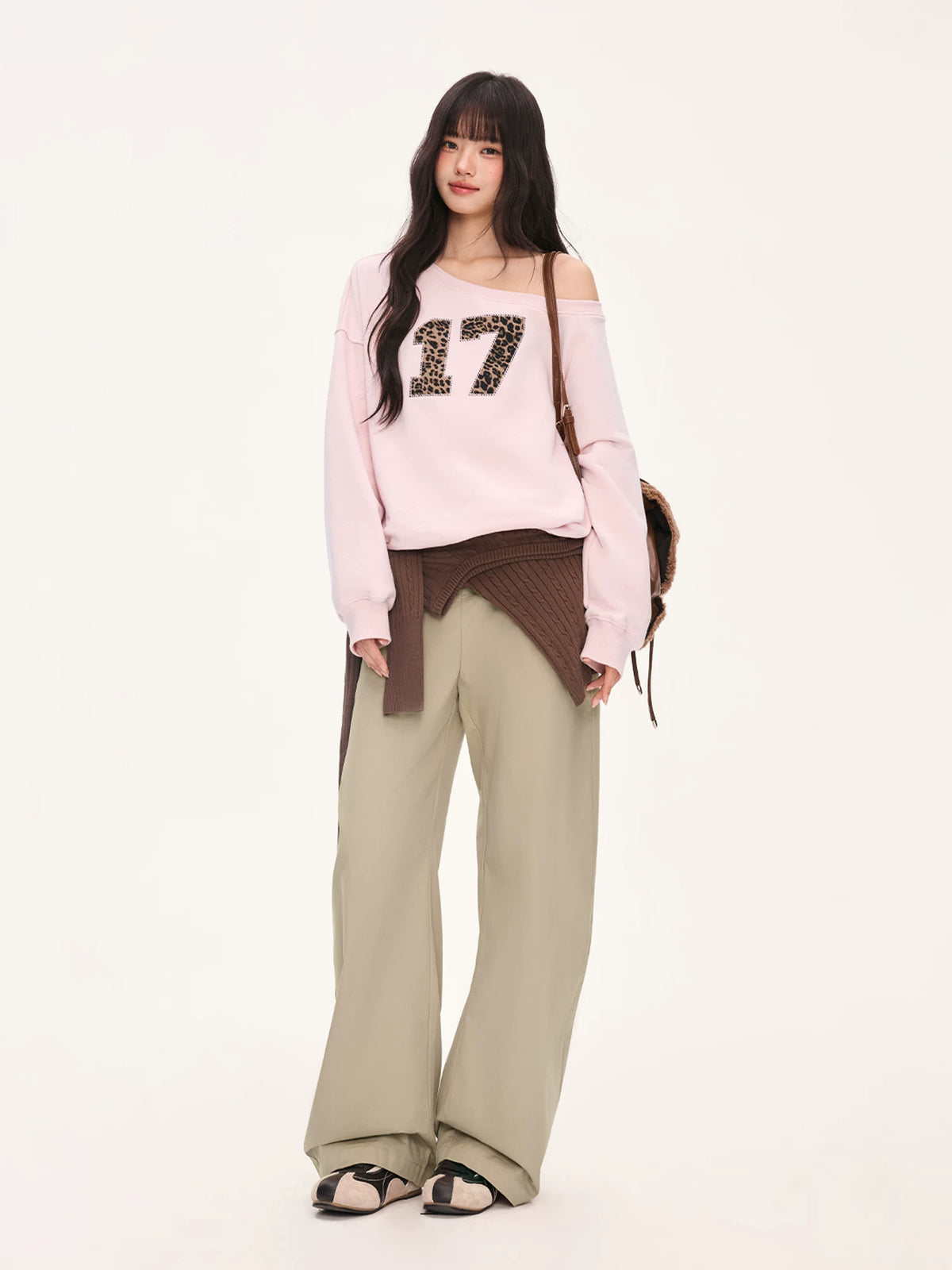 Pink Leopard Print One-Shoulder Sweatshirt