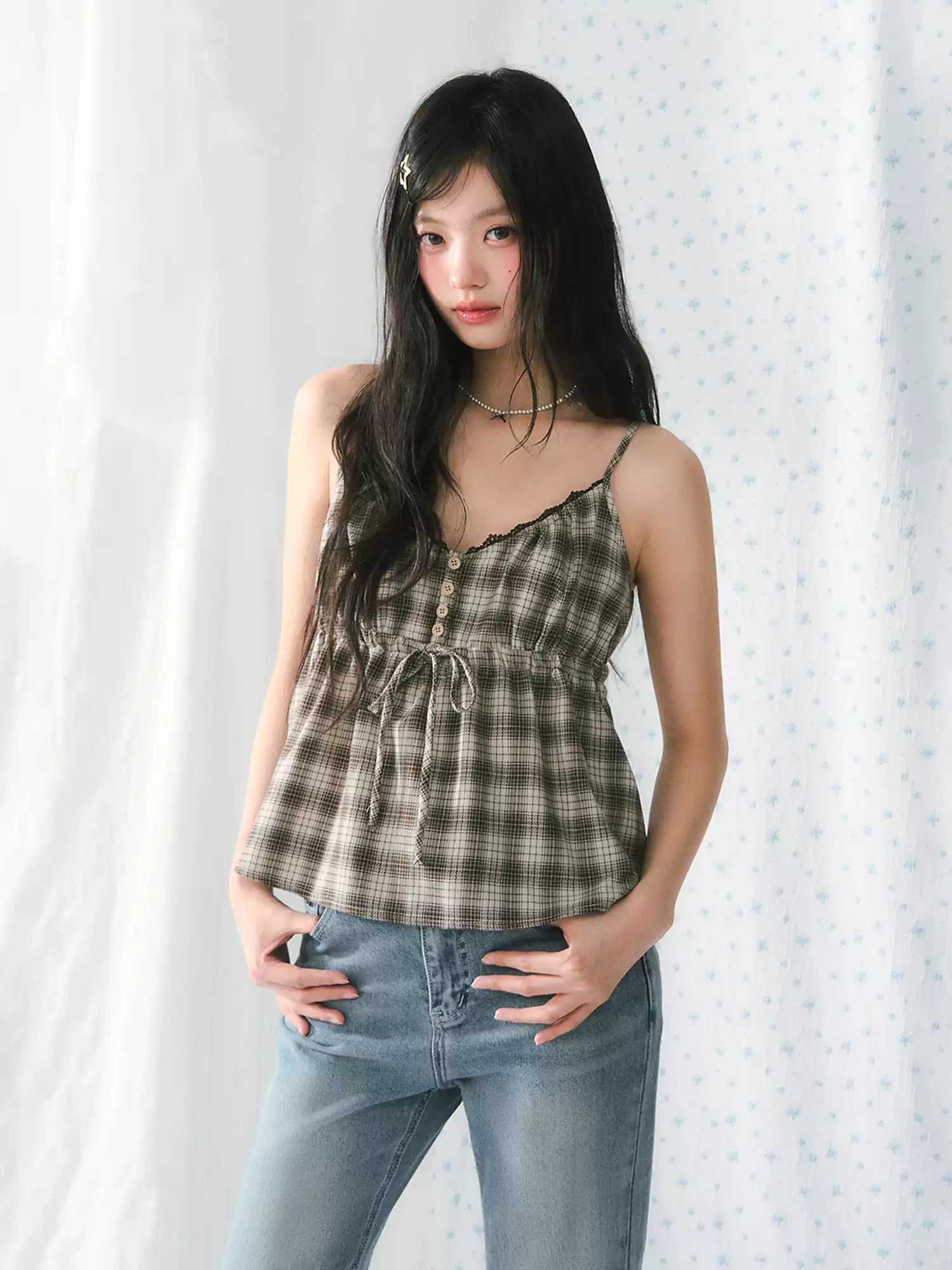 Lace trim plaid camisole checked top