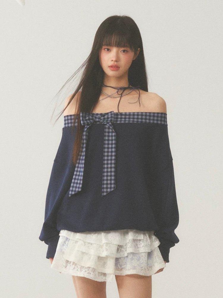 Off-Shoulder Plaid Bow Sweatshirt