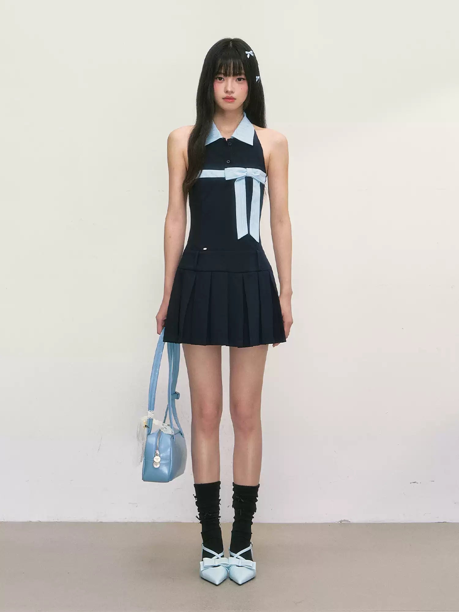 Halter neck sleeveless mini dress in navy blue