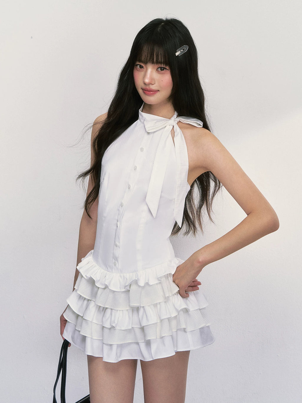 French Style White Halter Neck Mini Dress