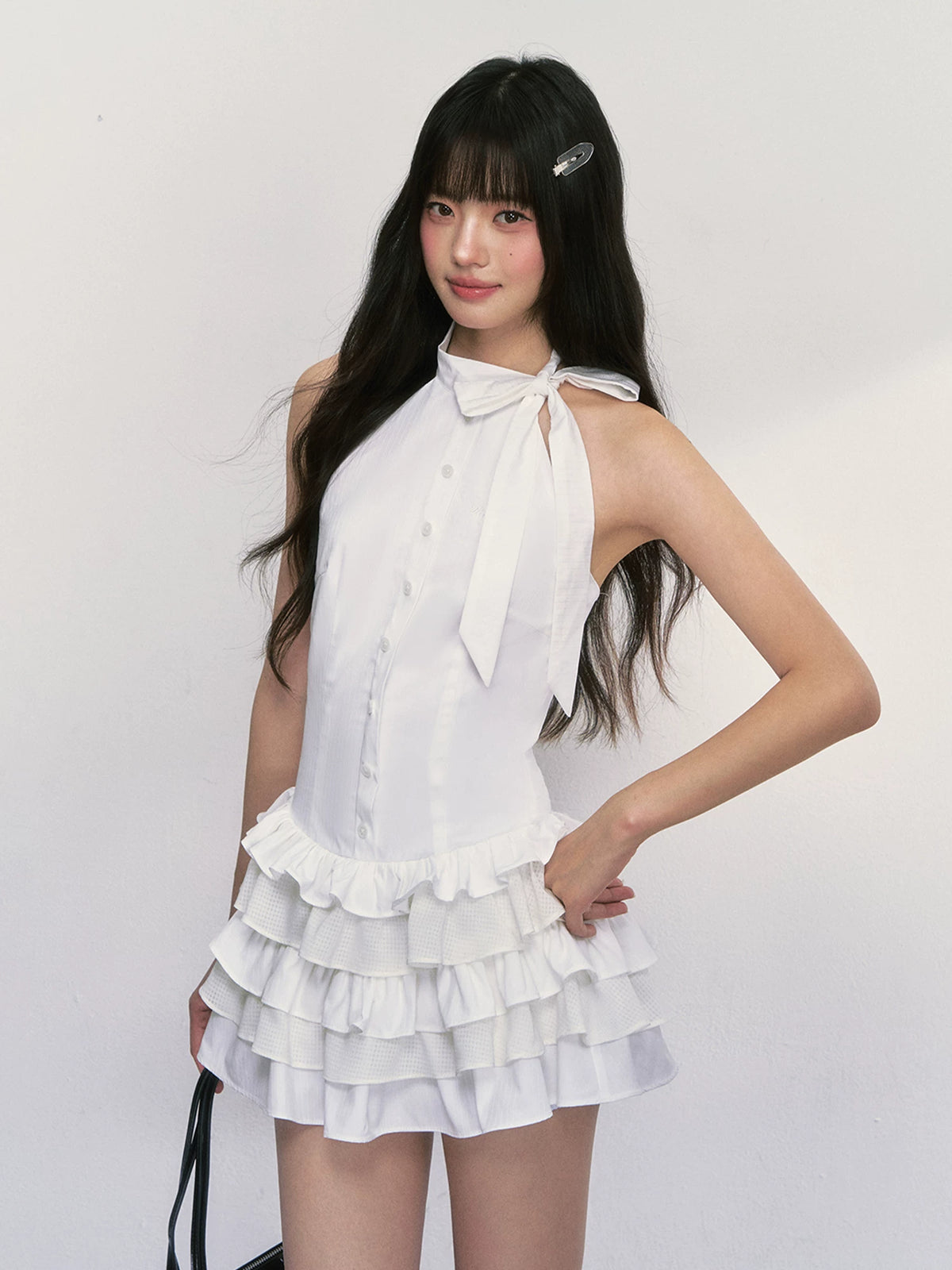 French Style White Halter Neck Mini Dress