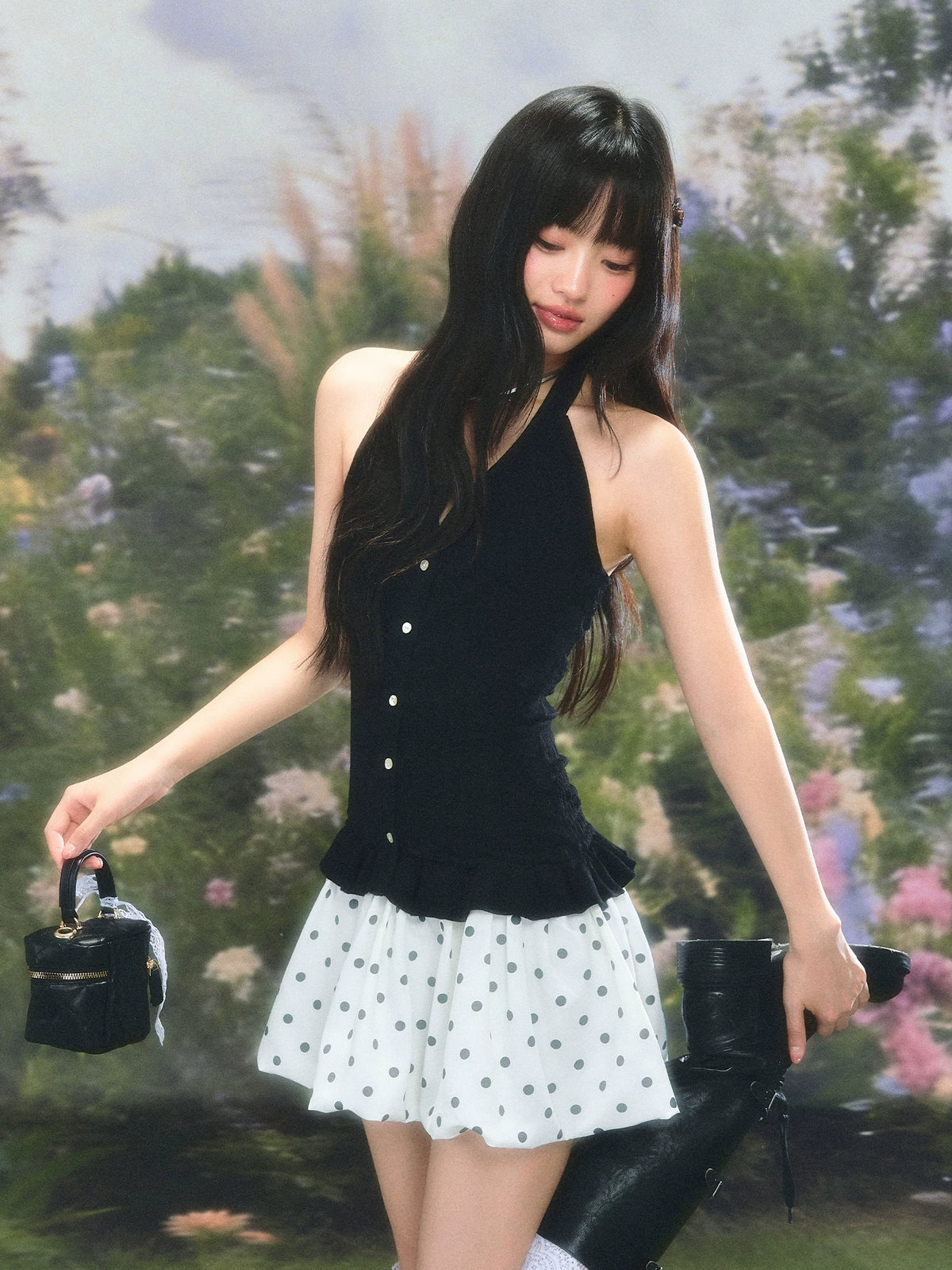 Slim-Fit Halter Neck Polka Dot Dress