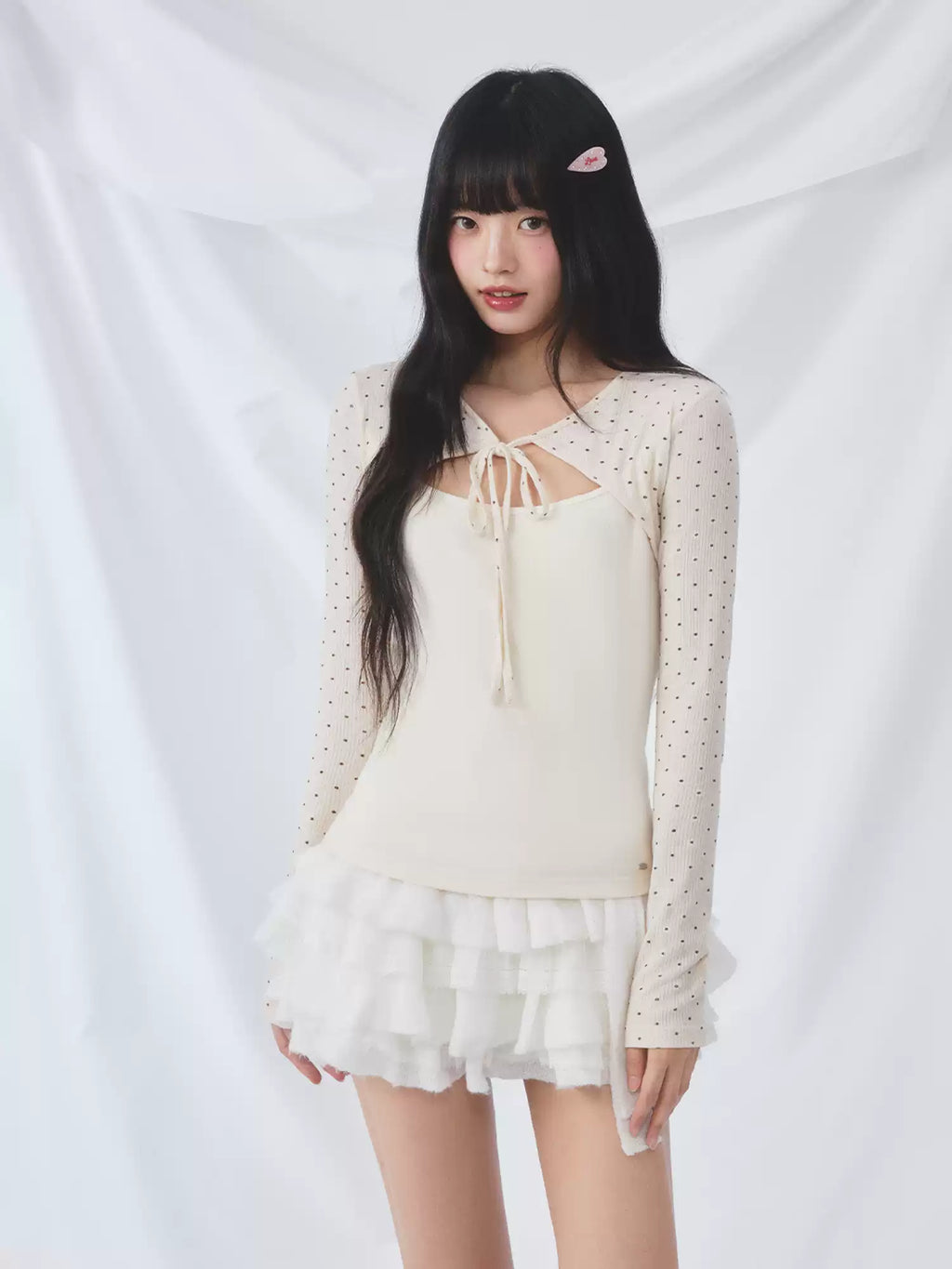 Polka dot tie-front layered top