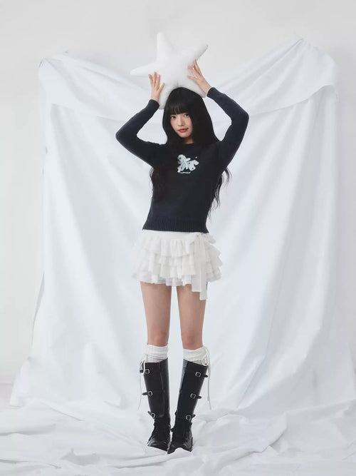 Bow detail horse jacquard knit top in navy blue