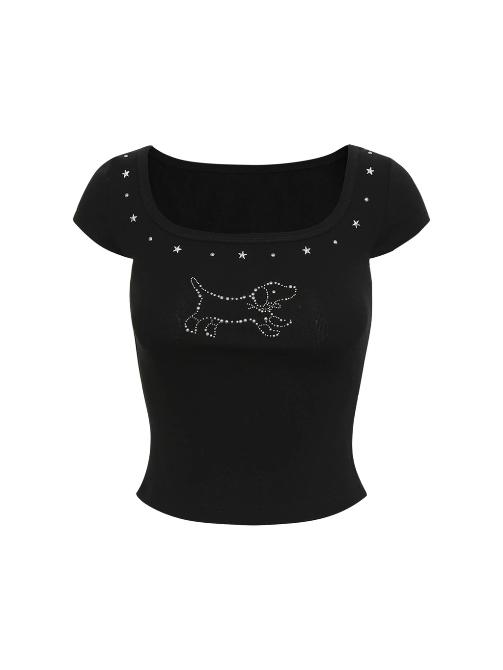 Rhinestone Puppy Square-Neck Short-Sleeve Top