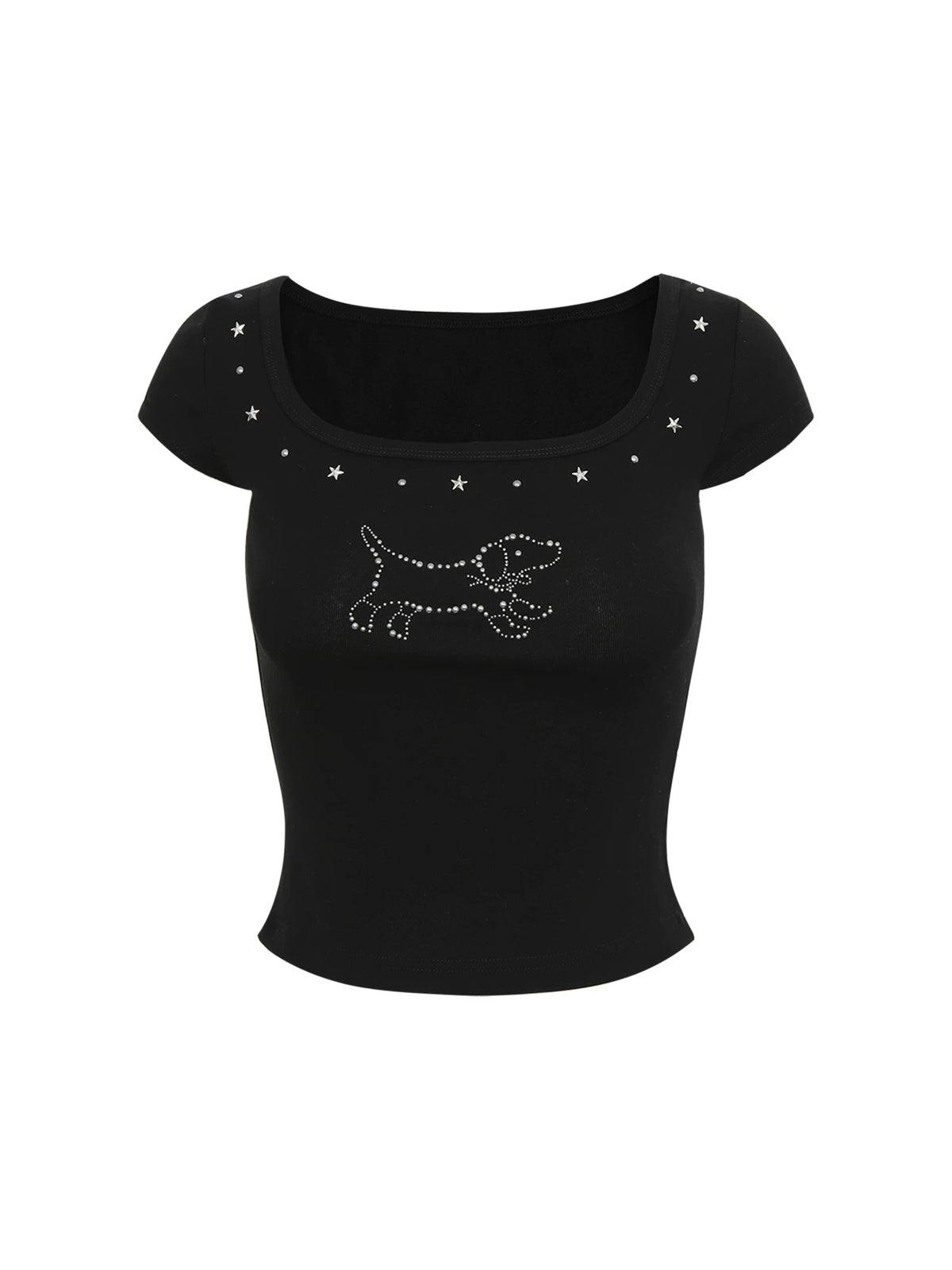 Rhinestone Puppy Square-Neck Short-Sleeve Top