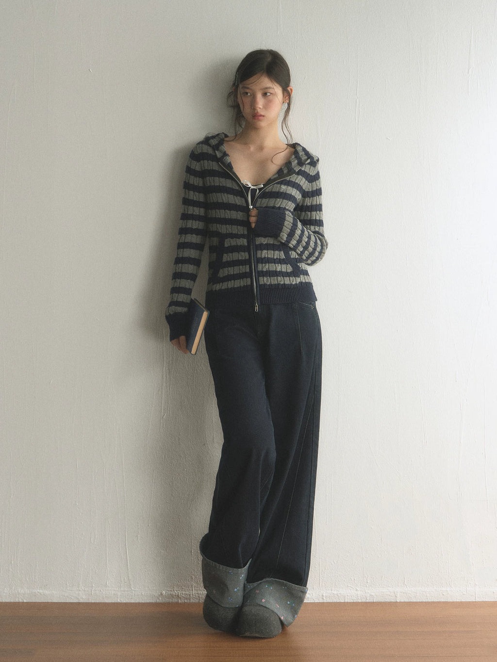 Striped Hooded Zip-Up Knit Cardigan