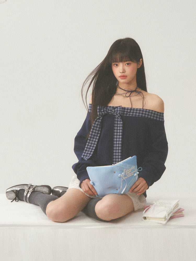 Off-Shoulder Plaid Bow Sweatshirt