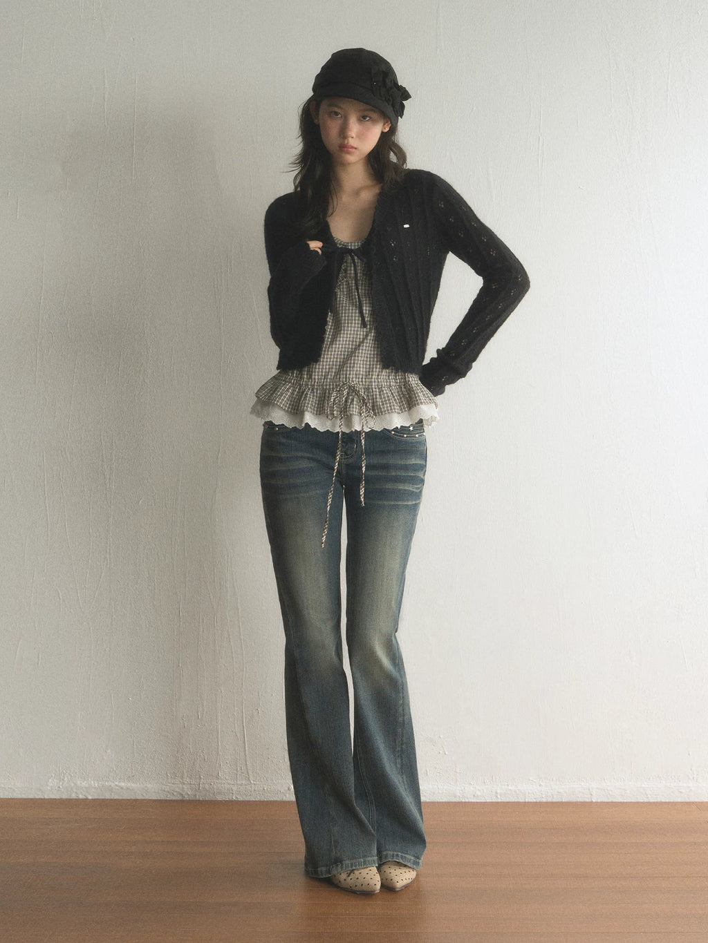 Hollow-Out Ruffled Tie Front Short Knit Cardigan