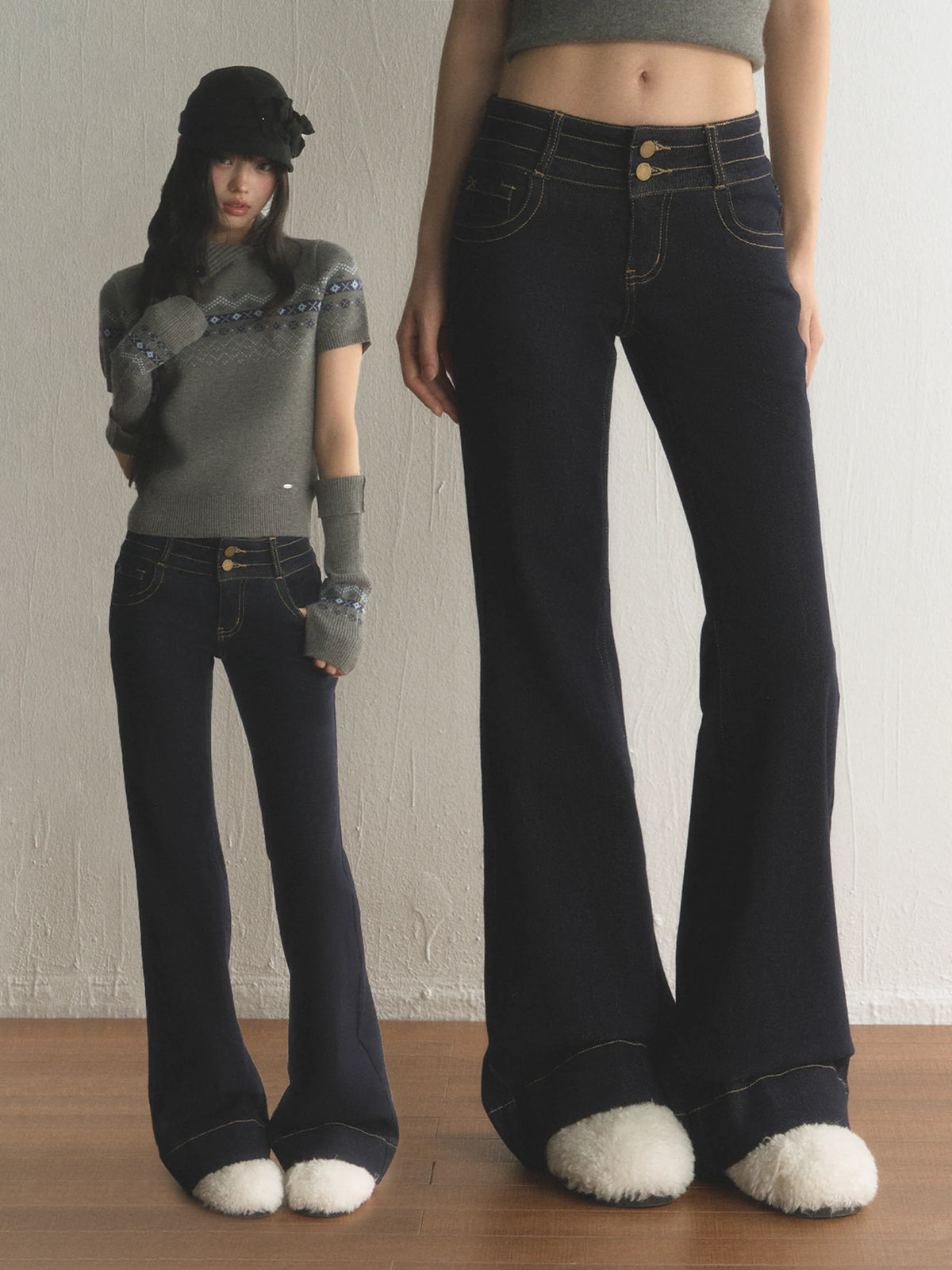 Retro Double-Button Low-Rise Flared Jeans
