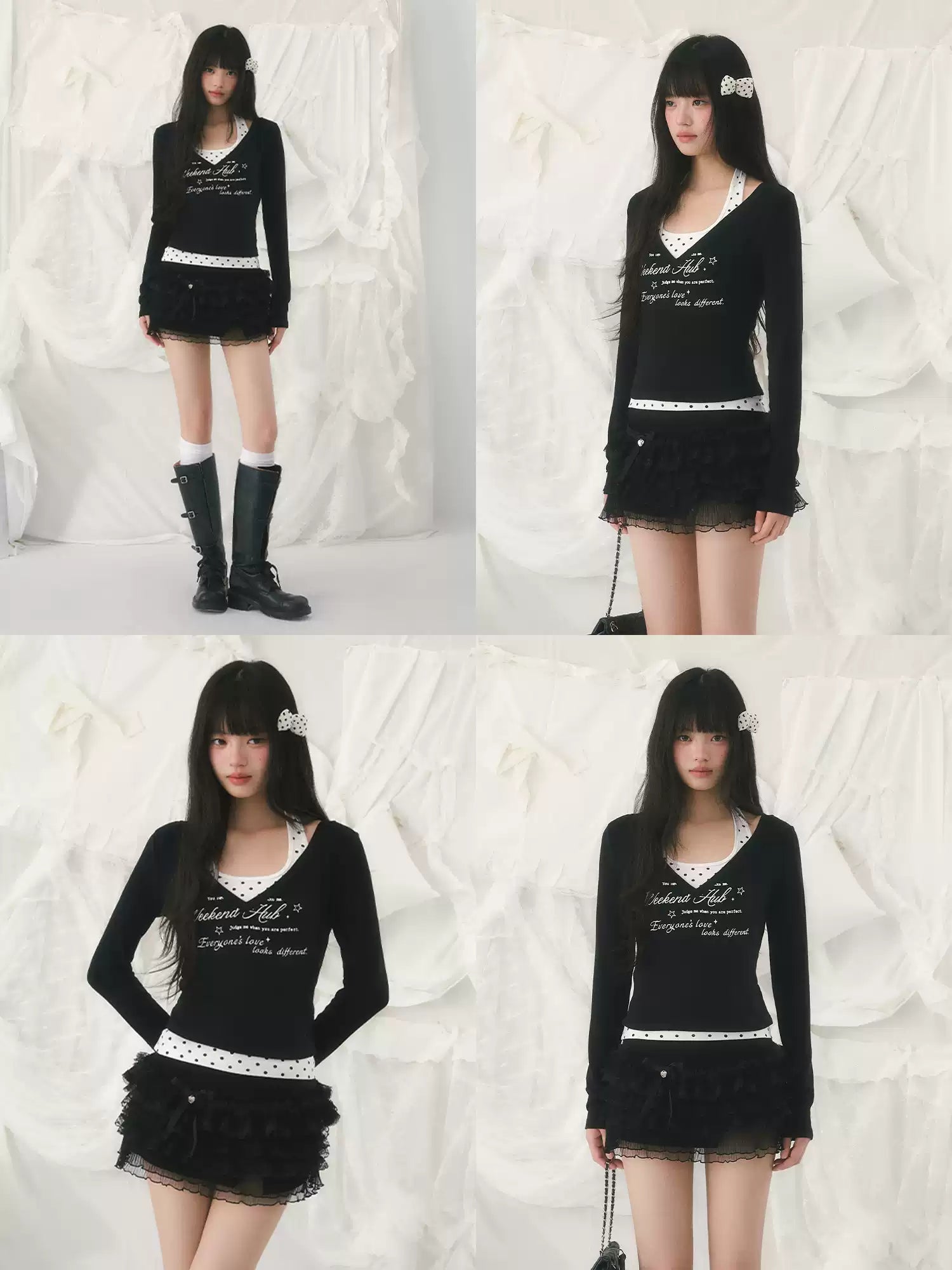 Polka dot halter & long sleeve top set in black