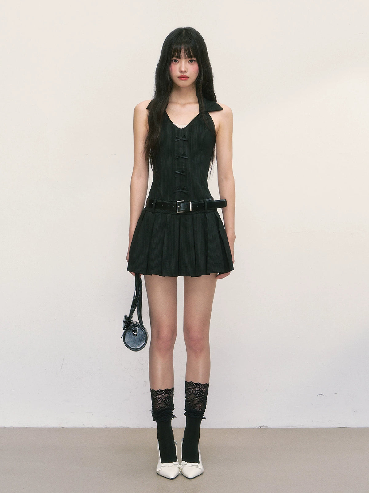French Style Pleated Halter Neck Dress