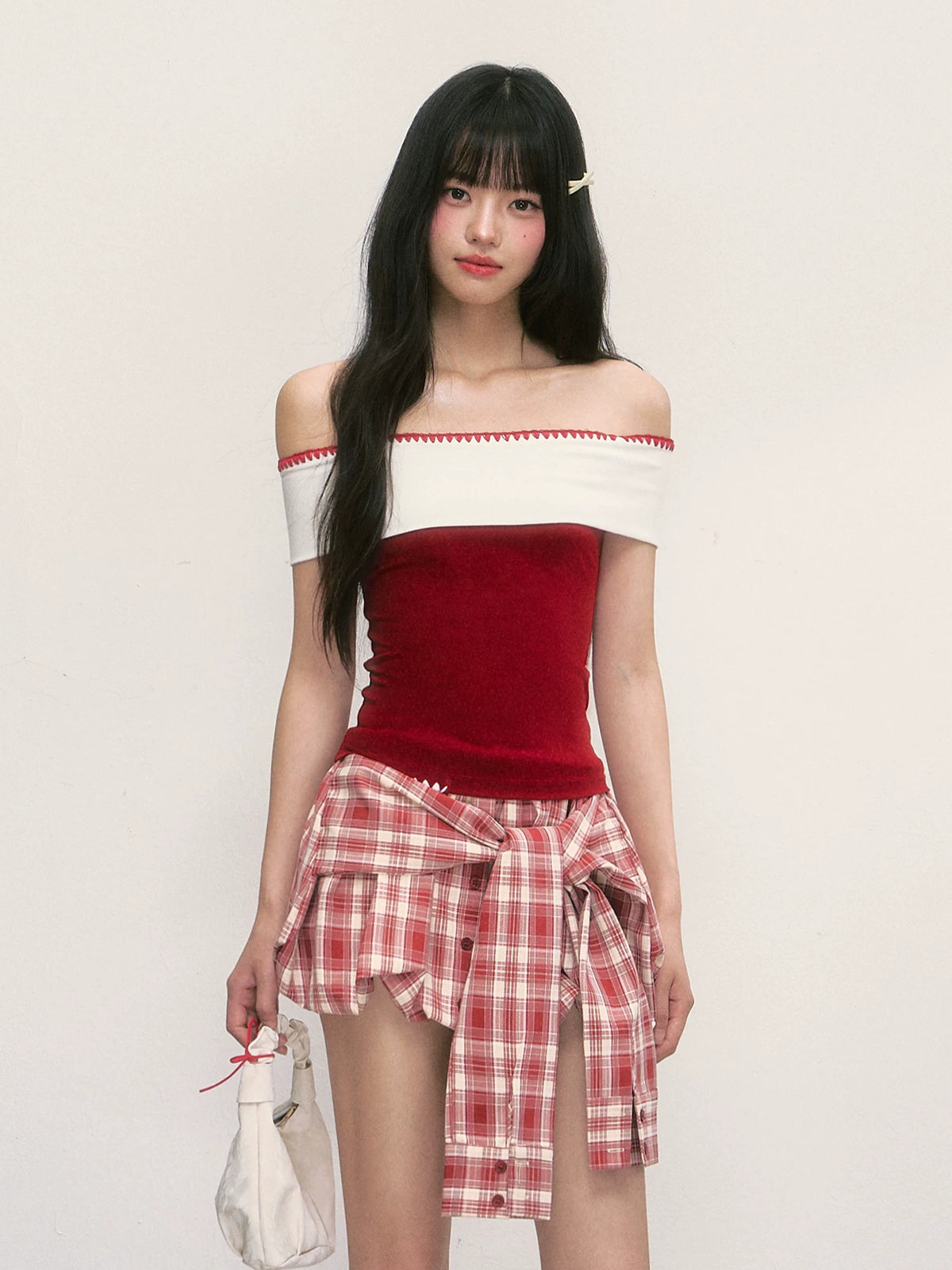 Color-Blocked Embroidered Off-the-Shoulder Top