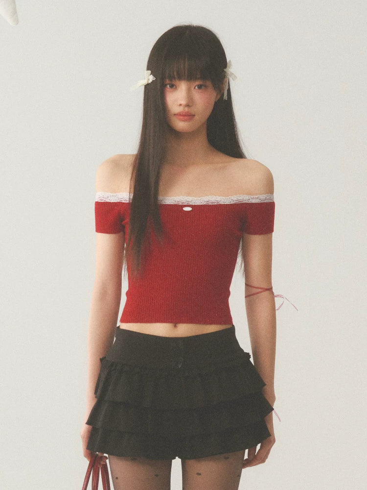 Red Off-Shoulder Lace Spliced Top
