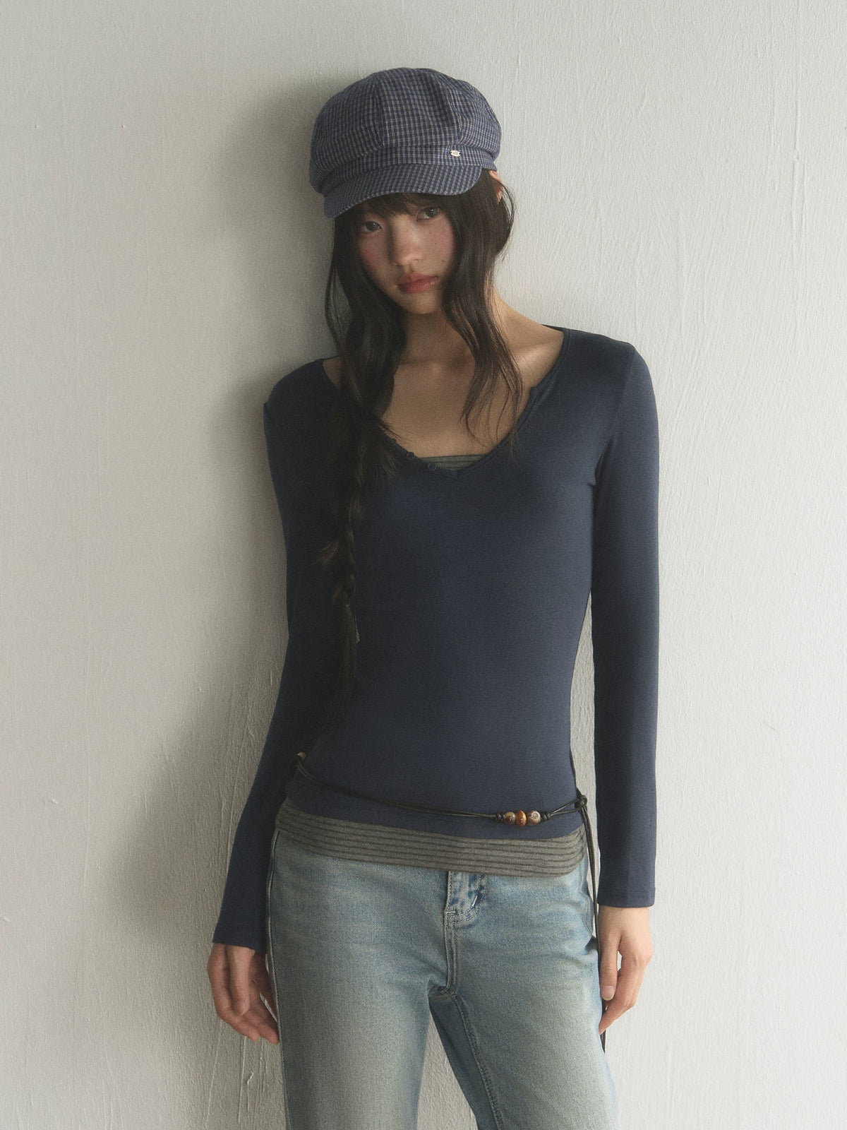 Korean Style V-Neck Long-Sleeve Two-Piece Tee