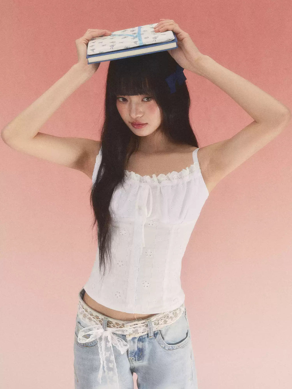 Bow detail white jacquard camisole top
