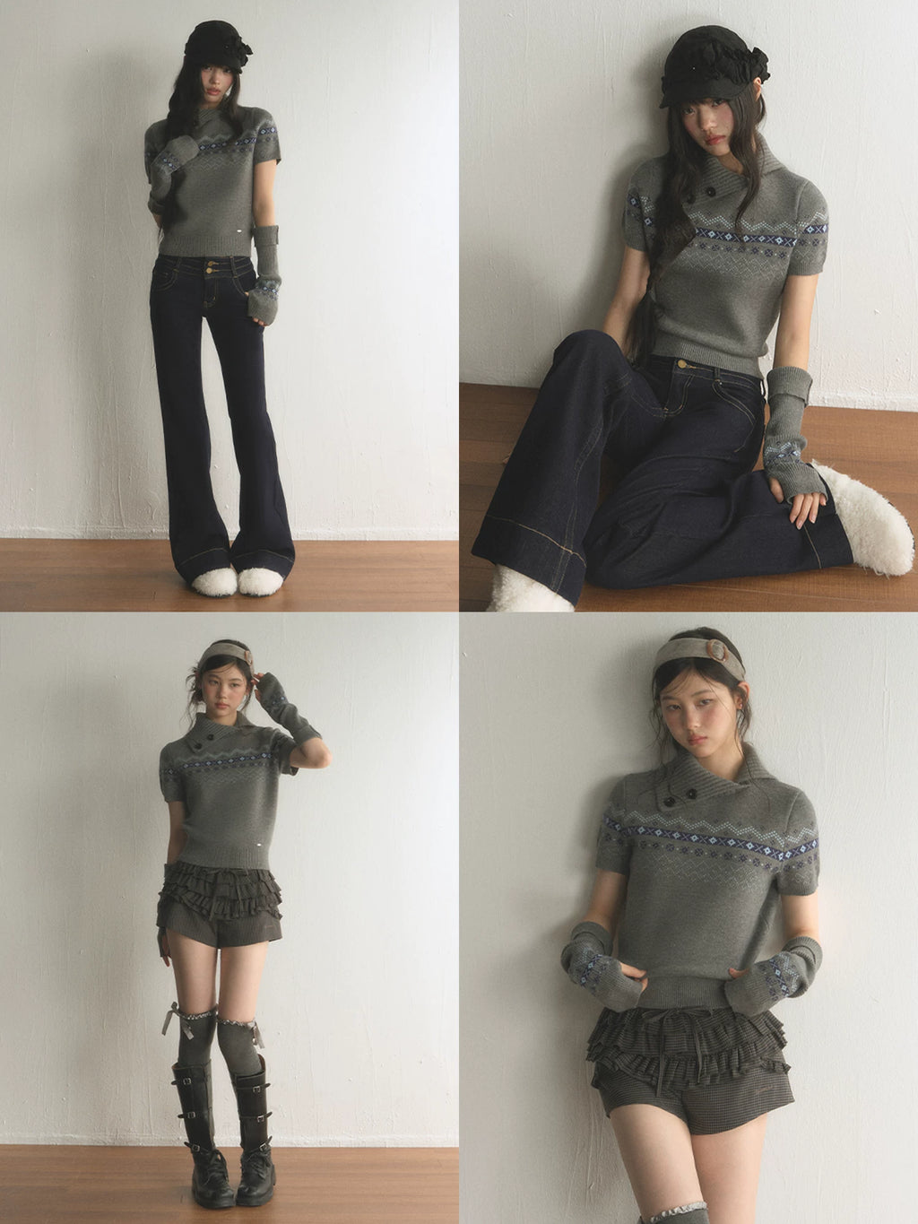 Retro Fair Isle Short-Sleeve Lapel Knit Top