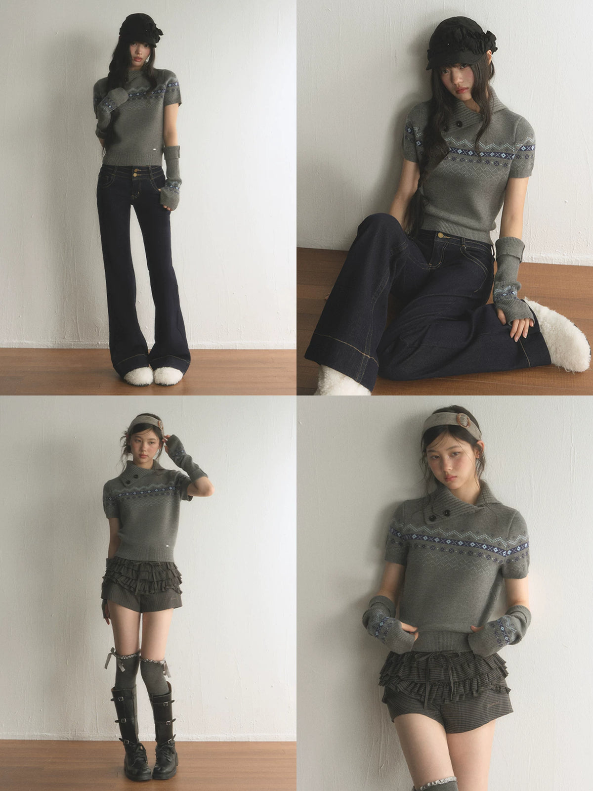 Retro Fair Isle Short-Sleeve Lapel Knit Top