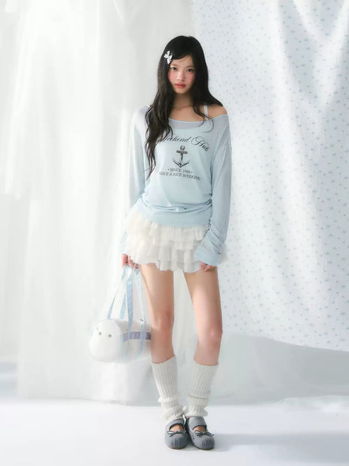 Blue retro print one-shoulder long sleeve top