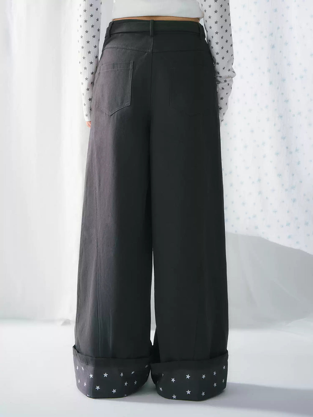 Dark gray star detail wide-leg lace-up pants