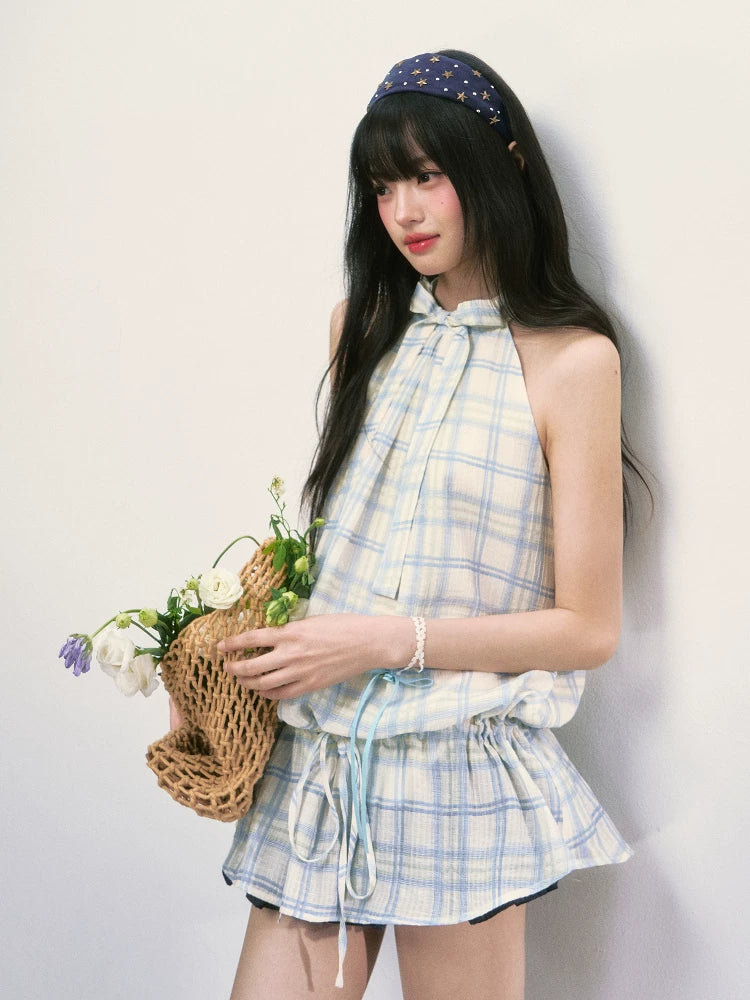 French Style Plaid Halter Mini Dress