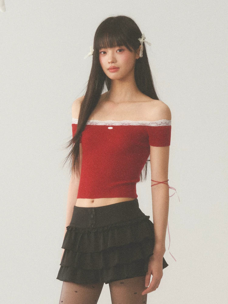 Red Off-Shoulder Lace Spliced Top