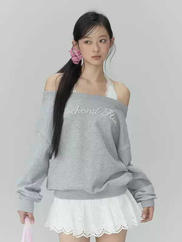 Gray off-shoulder faux two-piece oversized sweatshirt