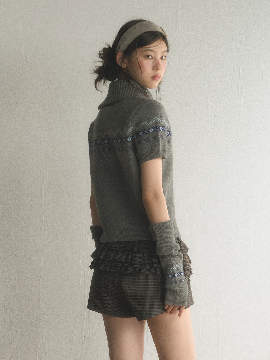 Retro Fair Isle Short-Sleeve Lapel Knit Top