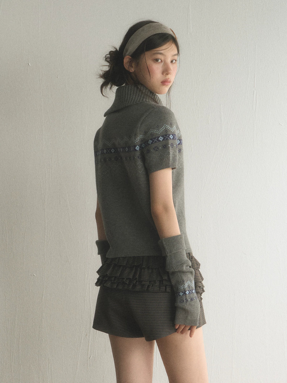 Retro Fair Isle Short-Sleeve Lapel Knit Top