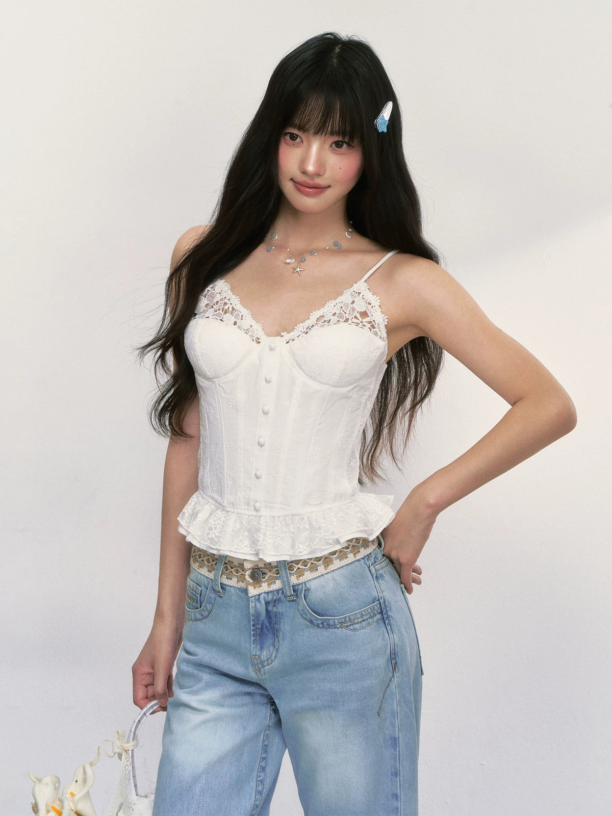 Lace Ruffle Corset Camisole Top