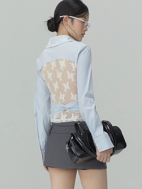 Lace Cutout Blue Shirt