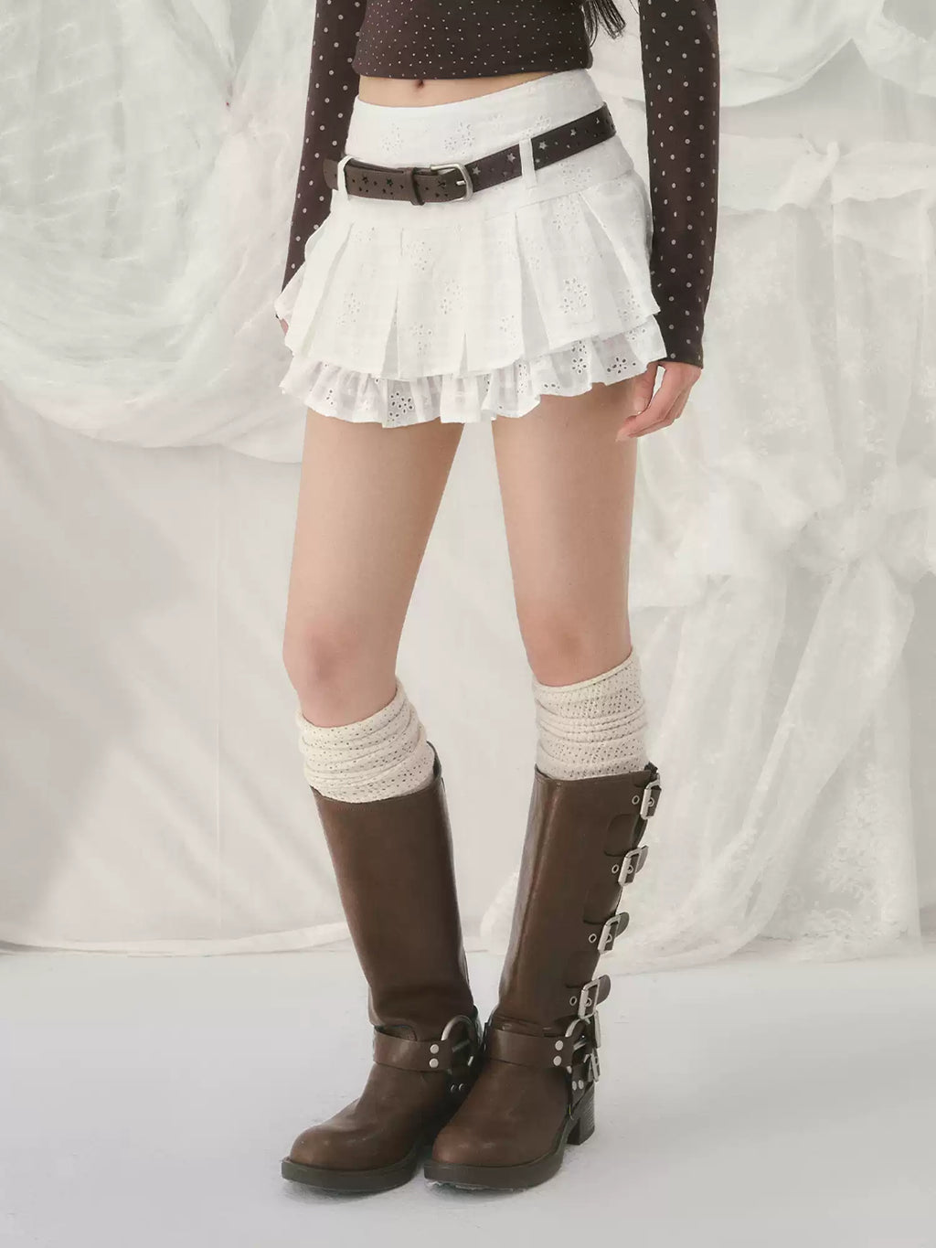 White jacquard double-layered pleated skirt
