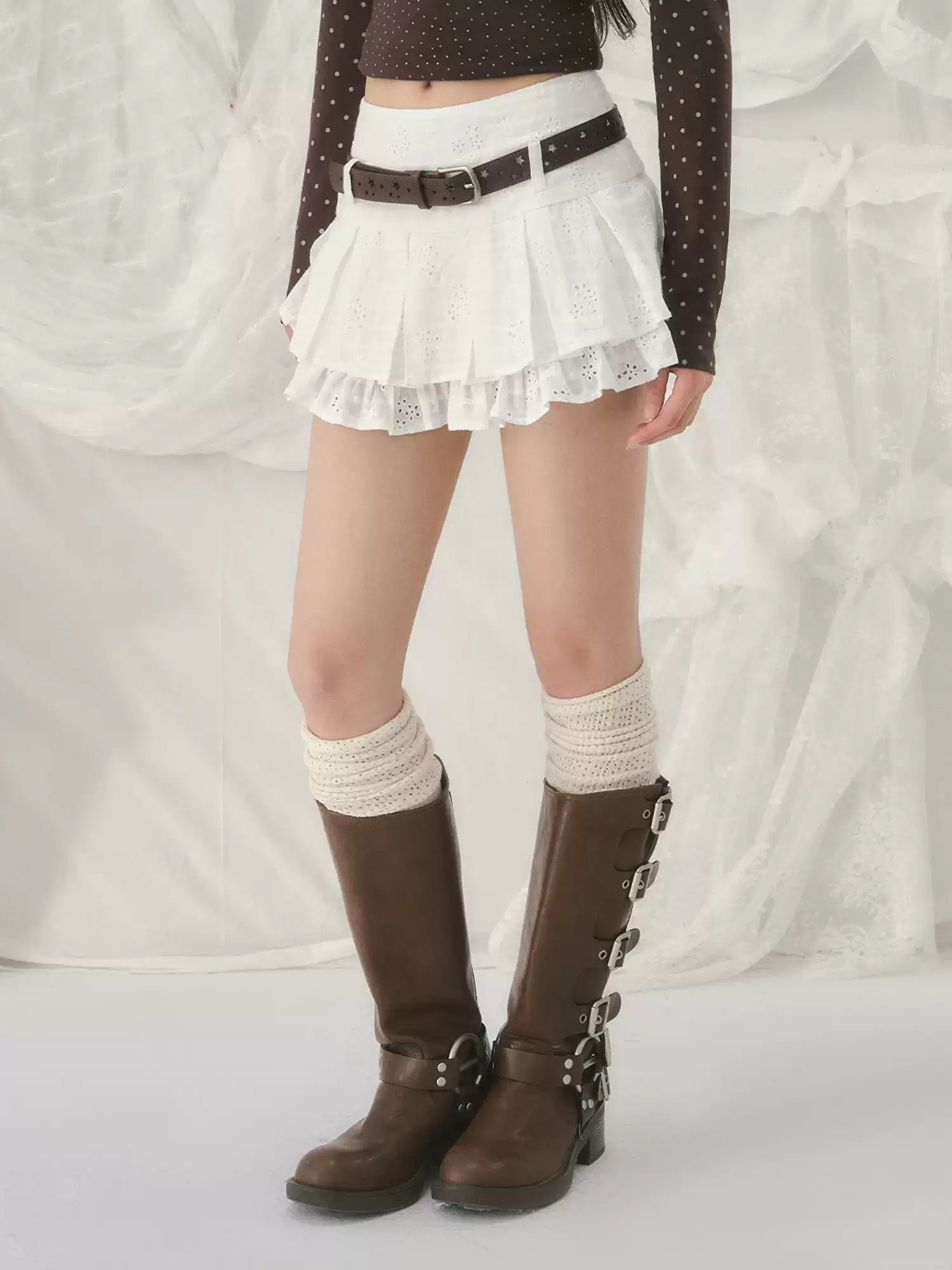 White jacquard double-layered pleated skirt