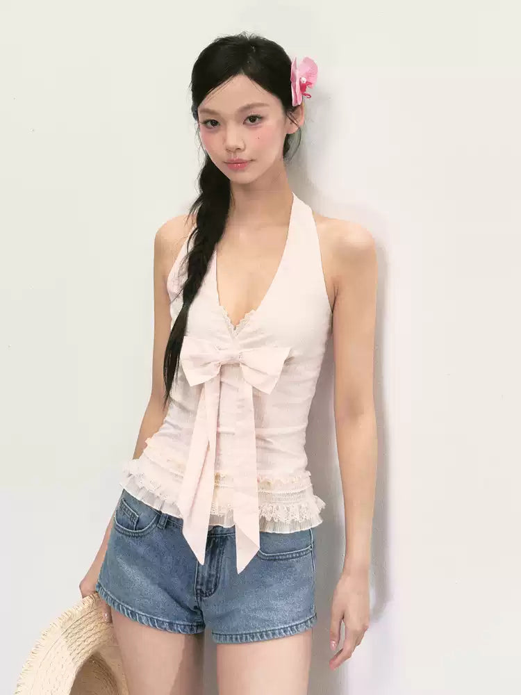V-neck halter sleeveless top in soft pink