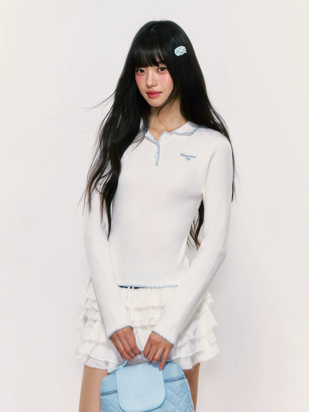 Color-Blocked Long-Sleeve Knit Polo Top