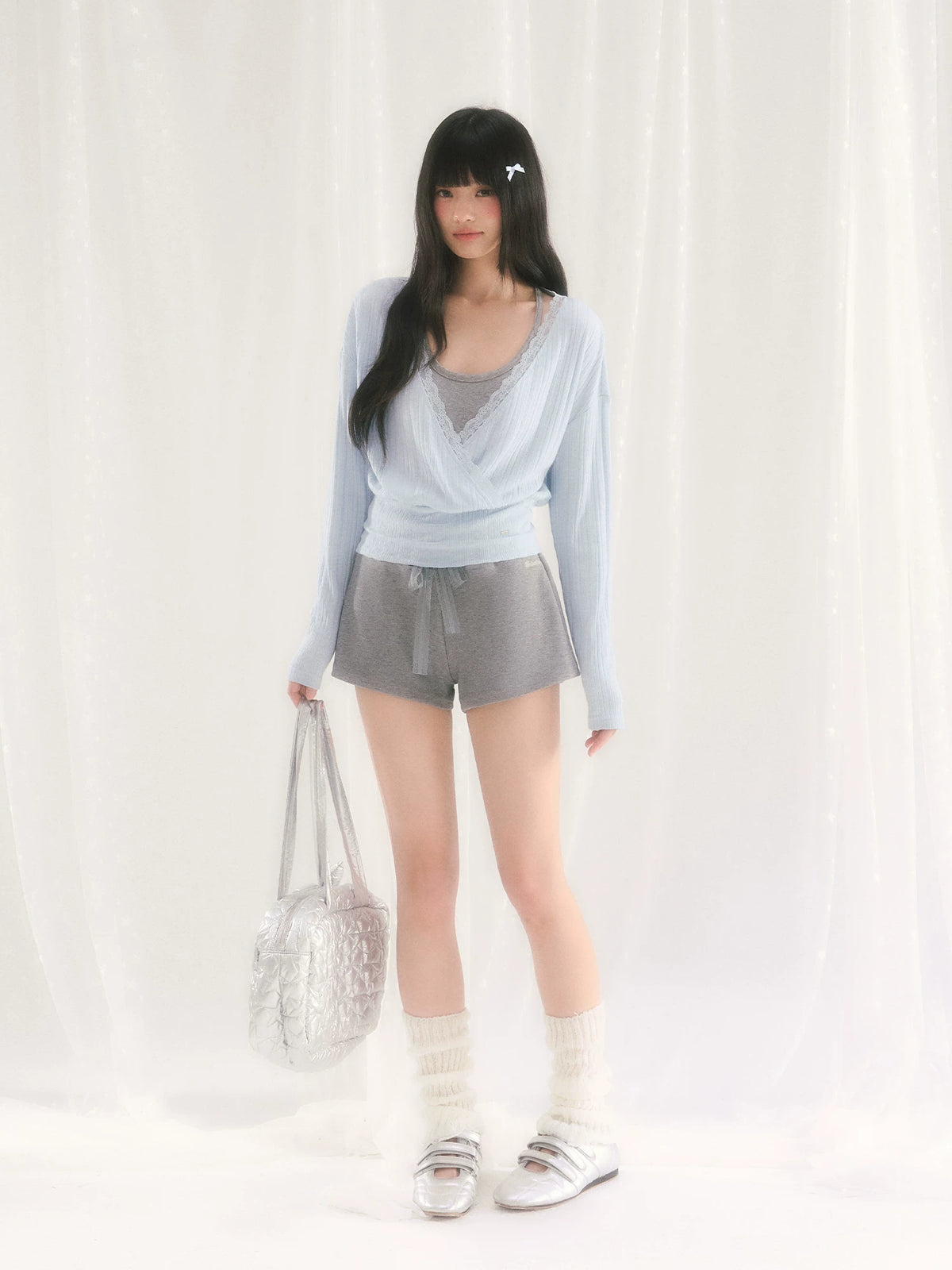 V-Neck Lace-Spliced Waist-Cinching Blouse and Tank Top Set