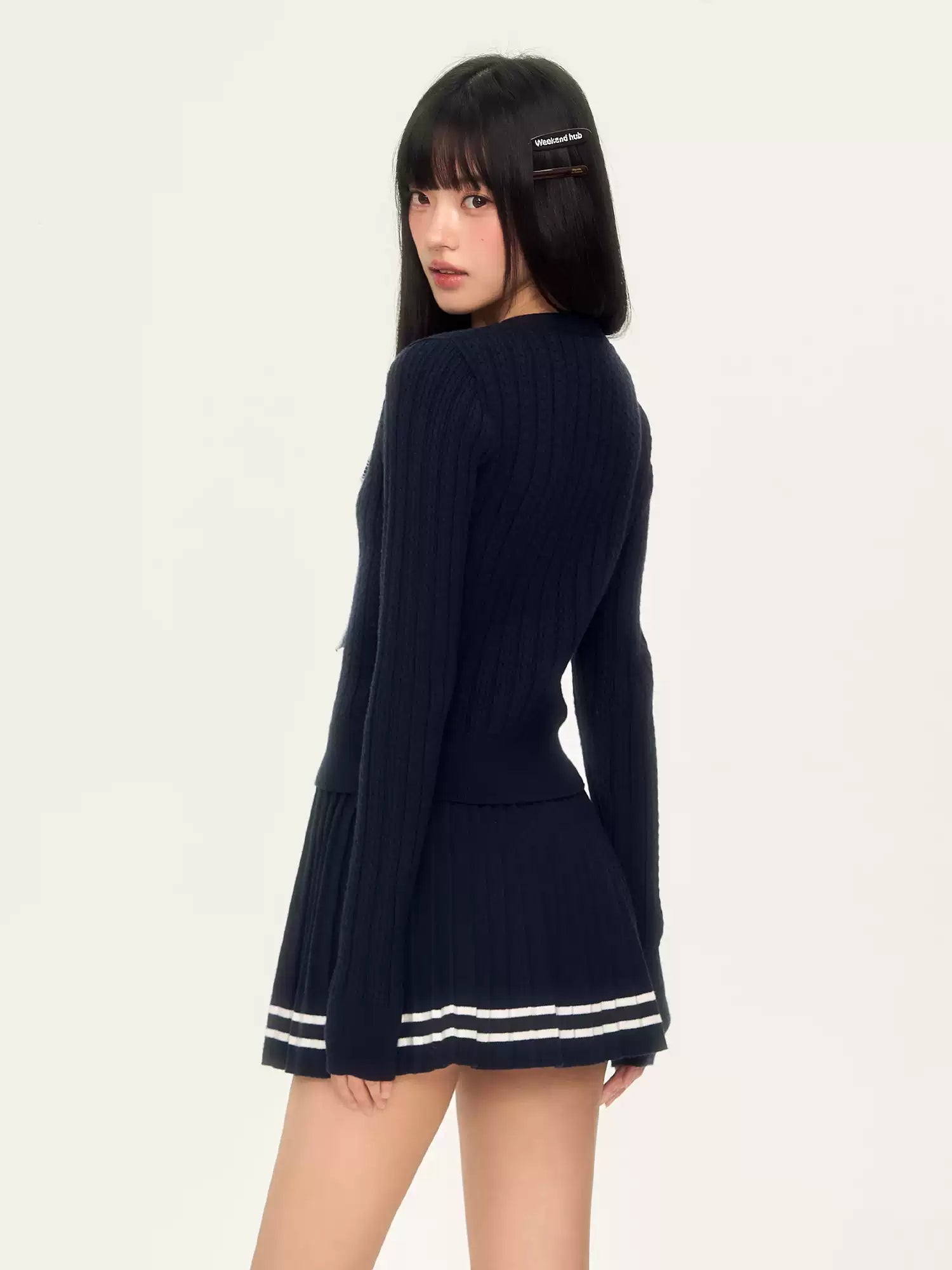 Preppy style knit top & skirt two-piece set in navy blue