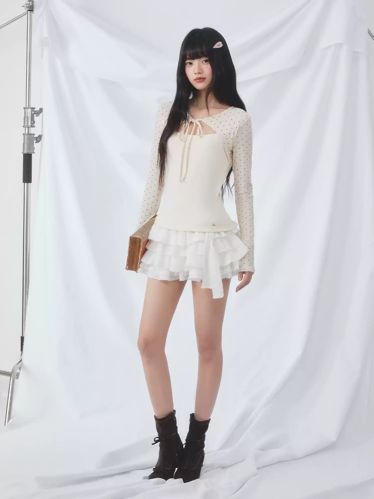 Polka dot tie-front layered top